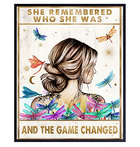 Inspirational Positive Quotes Wall Art Decor - She Remembered Who She Was And The Game Changed - Hippie Boho Motivational Poster - Encouragement Gifts for Women - Rustic Girls Bedroom Home Office