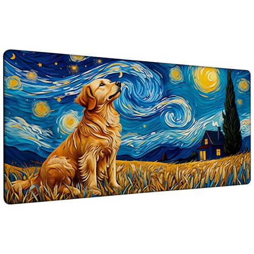 Dog Under Starry Night Gaming Mouse Pad Large Desk Mat Extended Keyboard Anime Mousepad with Non-Slip Base and Stitched Edge for Desk Home Office Gaming,35.4 x 15.7 Inch - color: Dog under Starry Night, size: 15.7*35.4inch