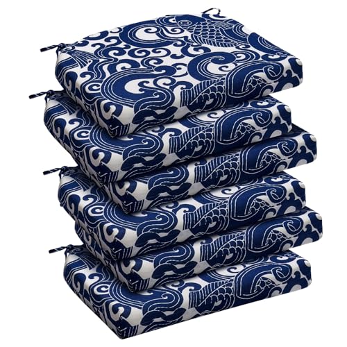 downluxe Outdoor Chair Cushions Set of 6 for Patio Furniture, Water-Resistant Patio Chair Cushions with Ties, High Density Foam Outdoor Seat Cushion, 17" X 16" X 2", Blue Carp - color: Blue Carp, size: 17x16x2 Inch (Pack of 6)