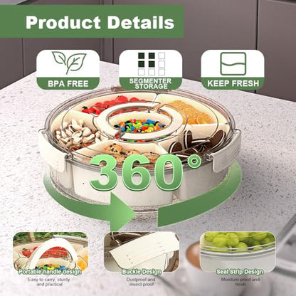 Divided Serving Tray with Lid and Handle, Portable Snackle Box for Veggie, Fruit Snacks Organizer, Clear Snack Spinner Container for Outdoor, Kitchen, Party, Travel