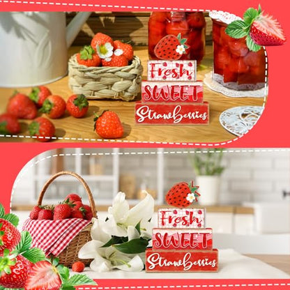 Britimes 4 Pcs Strawberry Decor Summer Wooden Tiered Tray Set, Strawberry Table Décor Farmhouse Rustic Wooden Coffee Table Centerpieces for Home kitchen Office Decorations - style: Stawberry