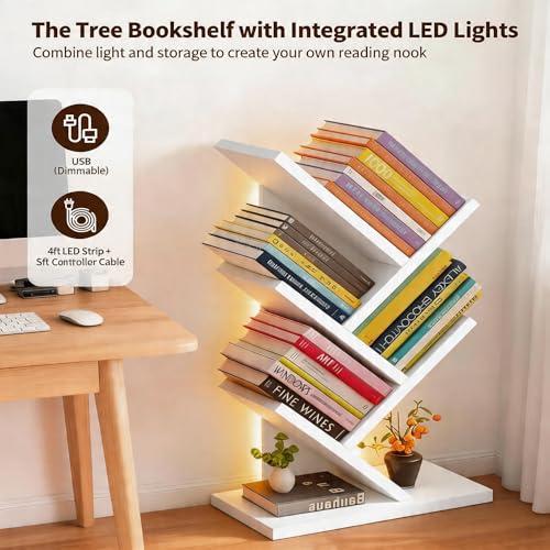 Godferyxin Tree Bookshelf with Liting,Small Bookcase LED and Desktop Book Shelf Light for Office, Home or School Mini Bookcase for Displaying Books, CDs, Magazines Wood White Bookshelf Small - color: 5tier-bookshelf Liting White