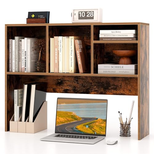 Tangkula Desktop Bookshelf, Countertop Storage Hutch with 4 Shelves for Computer Desk, Desk 2-Tier Display Rack, Multipurpose Wood Desktop Hutch Storage Organizer for Dorm Office Home - color: Rustic Brown, size: 4 Shelves