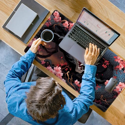 Cute Sakura Dragon Gaming Mouse Pad Kawaii XXL Large Extended Anime Desk Mat, Non-Slip Rubber Base Mousepad, Office Decor Desk Pad, Cool Keyboard and Mouse Mat with Stitched Edges, 31.5x15.75 in - color: Red Sakura Dragon