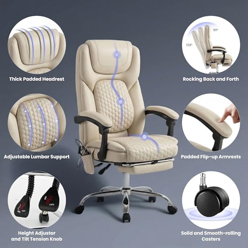 MALOL Massage Office Chair with 3-Level Heat and Footrest – 20-Min Easy Assembly, 300 lbs Big and Tall Reclining Desk Chair, PU Leather Ergonomic Executive Computer Chair with Side Pocket, Beige - color: Beige, size: Set of 1, style: Modern