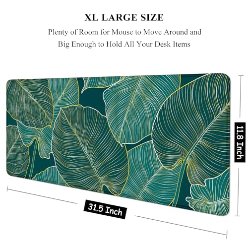 Auhoahsil Desk Pad, XL Extended Large Gaming Mouse Pad 31.5 x 11.8 Inch, Waterproof Mousepad with Stitched Edge, Non-Slip Computer Keyboard Laptop Mat for Women Men Office Work, Teal Tropical Leaves - color: 01 Beach Palm Tree Leaves, size: XL - 11.8 x 31