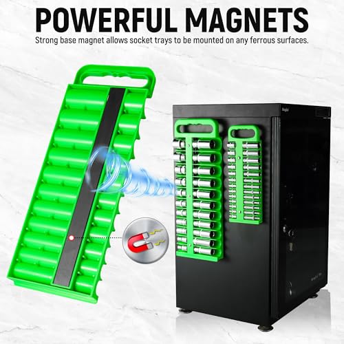 Reniteco Magnetic Socket Organizer Set, 3 Pcs Blue Portable Heavy Duty Socket Rail Set: 1/4-Inch x 22 Pallets, 3/8-Inch x 28 Pallets, 1/2-Inch x 26 Pallets, Hold 76 Sockets - Fit Shallow&Deep Sockets - color: Green