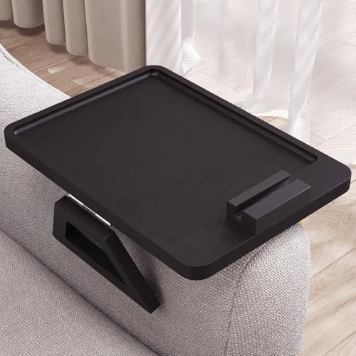 Couch Arm Tray with 360°Phone,Bamboo Folding Sofa Tray,Sofa Armrest Trays Clip-On Couch Desk for Drinks,Snacks,Phone,Remote Control（Black） - color: Black, style: 13.0" x 9.4"Phone Holder