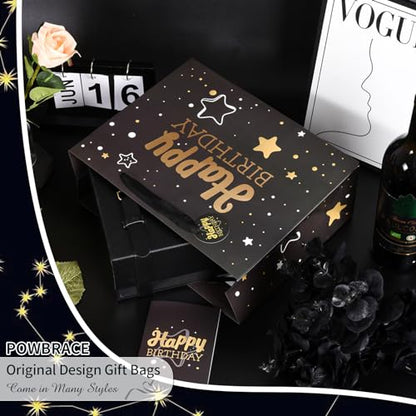 Powbrace Black Birthday Gift Bag with Tissue Paper and Greeting Card, 13'x10.2'x4.9', Medium (1-Piece Set, Black Starry Sky, Unisex, Includes Card, Ribbon, Crinkle Paper) - color: 1 PCS Black Gift Bag, size: 1 Count (Pack of 1)