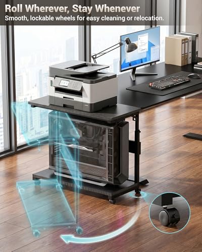 Armocity Computer Tower Stand - PC Stand for Floor with Power Outlets, PC Tower Stand for Carpet, PC Holder Under Desk with Wheels and Hooks, Gaming Console & Computer Cart, Carbon Fiber Black, 24"