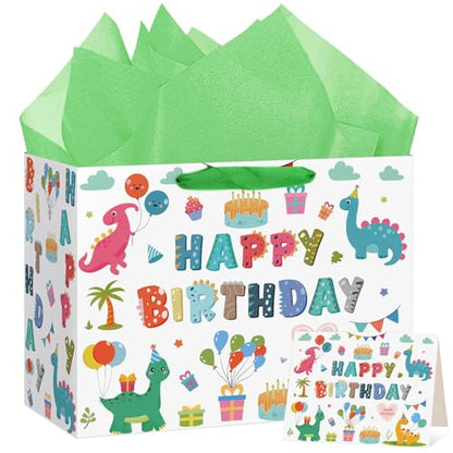 Hooqict Large Dinosaur Gift Bag Happy Birthday Gift Bag with Handles, Wrapping Tissue Paper and Greeting Cards for Kids Boys 1st 2nd 3rd Dinosaur Birthday Party Supplies Baby Showers - color: Dinosaur