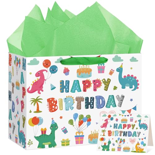 Hooqict Large Dinosaur Gift Bag Happy Birthday Gift Bag with Handles, Wrapping Tissue Paper and Greeting Cards for Kids Boys 1st 2nd 3rd Dinosaur Birthday Party Supplies Baby Showers - color: Dinosaur