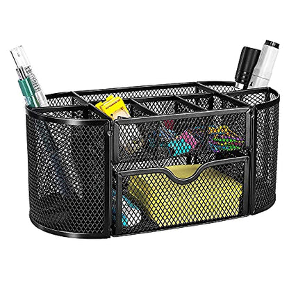 Amazon Basics Mesh Desk Organizer with Pen Holder, Pullout Drawer and Office Caddy Storage, 9.25" x 4.53" x 3.94", Black - style: Desk Organizer