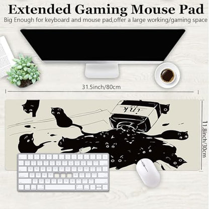 Gaming Mouse Pad XL Extended Anime Mouse Pad 31.5x11.8 inch, Large Cute Kawaii Big Computer Mouse Mat Desk Pad with Non-Slip Rubber Base and Stitched Edge for Home Office-Black Ink Cat - color: Black Ink Cat, size: 31.5L x 11.8W inches