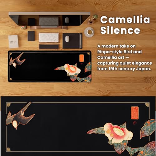 BELLEMOND Japanese Art Desk Mat | Large 31.5x11.8in Anime Mouse Pad for Keyboard & Mouse | Non-Slip Base, Water-Repellent | Original Japanese Design | Camellia Silence - color: Camellia Silence