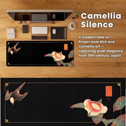BELLEMOND Japanese Art Desk Mat | Large 31.5x11.8in Anime Mouse Pad for Keyboard & Mouse | Non-Slip Base, Water-Repellent | Original Japanese Design | Camellia Silence - color: Camellia Silence