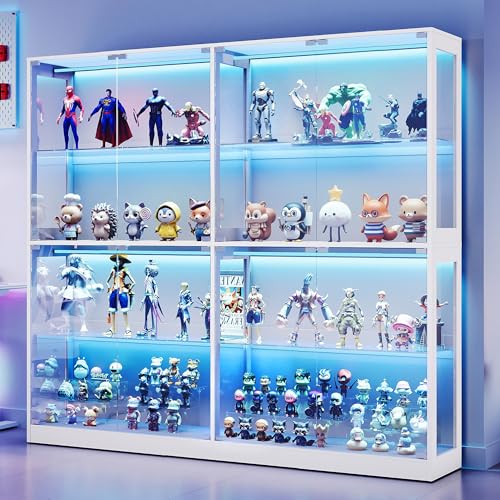 AMERLIFE RGB Display Cabinet with Adjustable Glass Shelves, 4-Tier Storage Case with LED Lights & Press-to-Open Doors, Modern Display Shelf for Collectibles, White 70" H×75" L×16" D - color: White, size: 75×16×70in