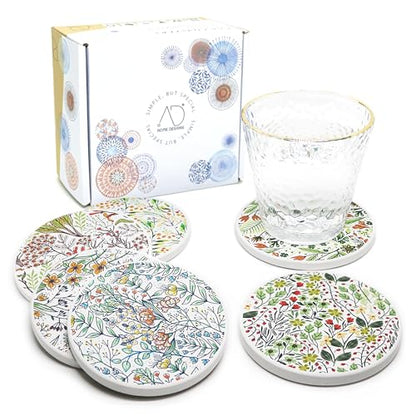 AD Set of 6 Coasters for Drinks Absorbing Round Ceramic Stone Coaster with Cork Base,Tabletop Protection Mat for Mugs and Cups,Office,Kitchen (Bontanicals) - style: Bontanicals