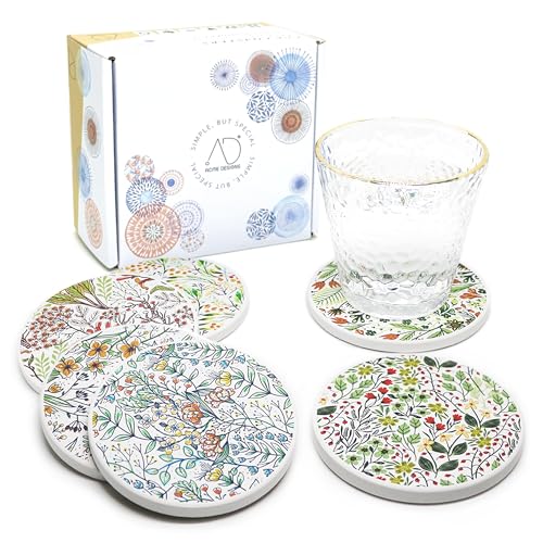 AD Set of 6 Coasters for Drinks Absorbing Round Ceramic Stone Coaster with Cork Base,Tabletop Protection Mat for Mugs and Cups,Office,Kitchen (Bontanicals) - style: Bontanicals