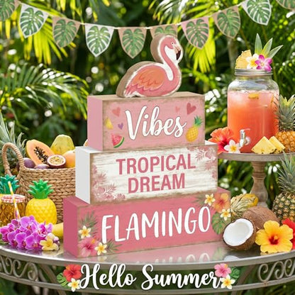 4 Pcs Summer Flamingo Room Table Decor Pink Flamingo Wooden Tiered Tray Decor Set Pink Tropical Summer Party Wooden Signs Shelf Sitter Pool Beach Theme Table Centerpieces for Home Decorations - style: Flamingo