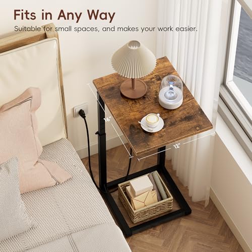 Vagusicc C Shaped End Table with Charging Station, 33"Tall Side Table for Couch, C-Table End Table Adjustable Height Side Table,Slide Under Couch Table TV Tray Table for Sofa,Living Room,Bedroom,Brown - color: Rustic Brown, style: Charging Station