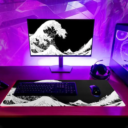 Japanese Sea Wave Large Mouse Pad, Abstract Black Gaming Mousepad, Extended Kanagawa Mat Desk Pad, 3mm Thick Long Non-Slip Rubber Base Mice Pad for Office and Home, 27.6x11.8 Inch - color: Sea Wave 2