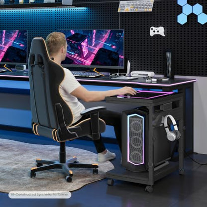 CHOEZON 31.5" Large Computer Tower Stand with Power Outlet, Under-Desk PC Cart with 2 Hooks, PC Stand with LED, Height Adjustable PC Tower Holder on Wheels, for Living Room, Office, Black TCJ51UDBB