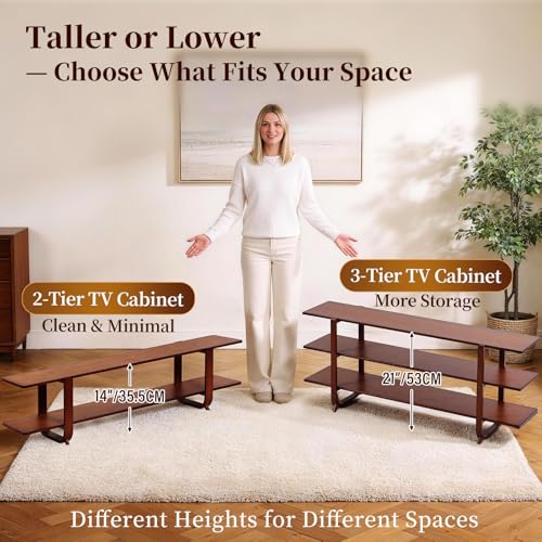 Tiita TV Stand with Storage for TVs up to 65'', Bamboo TV Console Entertainment Center with 2 Open Shelf, Mid Century Modern Media Console for Living Room, Bedroom, Walnut - color: Walnut