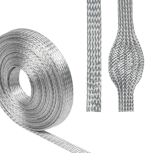 Tinned Copper Braid Wire Shielding Ground Strap Metal Cable Sleeve Expandable Flexible Flat Mesh (5/16 in Wide(0.20 in Dia)-115ft) - size: 5/16 in Wide(0.20 in Dia)-115ft