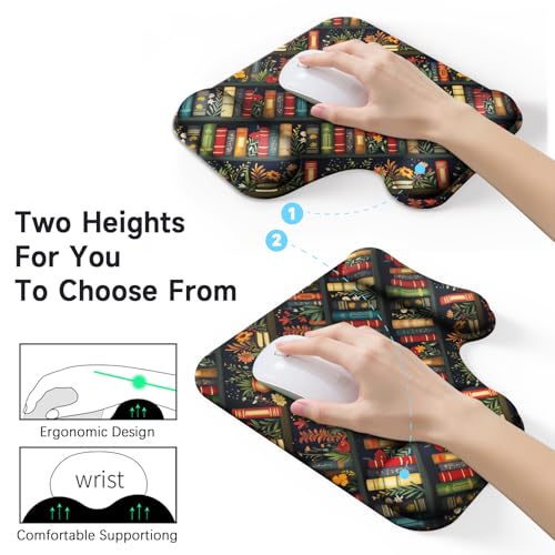Ergonomic Mouse Pad with Gel Wrist Rest (1"& 1.2" Dual Height) - Mouse Pads Compact Mousepad Desk Mat Office, Gaming & Carpal Tunnel Relief | Non-Slip Rubber Base Vintage Bookshelf - color: Vintage Bookshelf