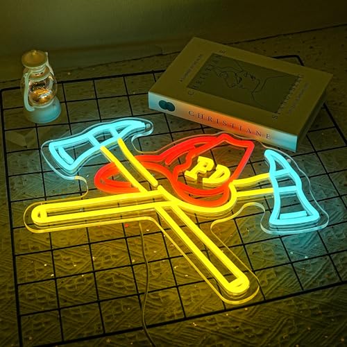 Firefighter Helmet Neon Sign Firefighter Hat LED Light Axe Wall Art for Rescue Room Firefighter Hat Sign for Fire Department Bedroom Fire Station Bushiness Shop Beer Bar Man Cave - style: firefighter helme