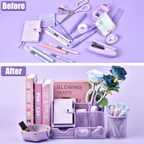 Purple Desk Accessories, 26Pcs Office Supplies and Desk Organizers, with Tape Dispenser, Stapler, Staple Remover Ect, Gift Box Packaging - color: Purple