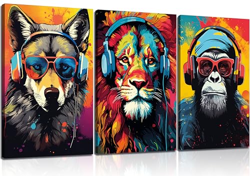 3pcs Gaming Wall Art Animal Graffiti Posters Pictures With Headphones Sunglasses Gorilla Tiger Wolf Cool Gamer Canvas Prints Colorful Graffiti Paintings for Teens Game Boys Room Wall Decor Framed - color: Gaming Animal canvas, size: 24"Lx16"W