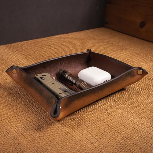 Valet Tray – Full-Grain Leather Catchall Organizer for Keys, Phone & Wallet – Rustic Nightstand & Desk Tray with Raised Sides – Handmade in USA (Vintage Brown, Small Rectangle) - color: Vintage Brown, size: Small Rectangle