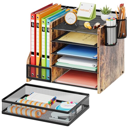 Marbrasse Desk Organizer with File Holder, 5-Tier Paper Letter Tray Organizer with Drawer and 2 Pen Holder, Mesh Desktop Organizer and Storage with Magazine Holder for Office Supplies (Wood-Brown) - color: Wood-Brown