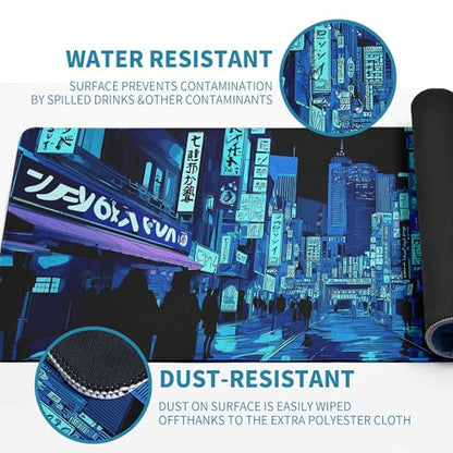 Dark Blue Japanese Gaming Mouse Pad Abstract Anime Mat 31.5x11.8 Inch Tokyo Pixel Street Texture Non-Slip Rubber Base Kawaii Mousepad Stitched Edges Keyboard Desk Pad for Office and Home Game - color: Japanese Street