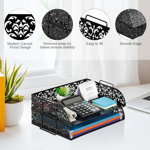 EasyPAG Paper Organizer for Desk 2 Tier Stackable Paper Tray for A4 Legal Size Folders Metal File Storage Desktop Organizer for Home Office School Teacher, Black - color: Black