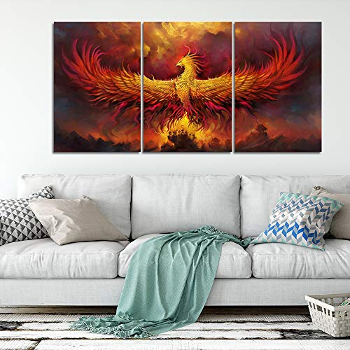 Yetaryy Fantasy Wall Art Canvas Prints Golden Red Burning Phoenix Volcanic Ancient Mystic Animal Birds Living Room Bedroom Home Decor Wall Decoration 3 Panels Wood Framed Poster - 60" W x 28" H - color: Art-09, size: 60"W x 28"H