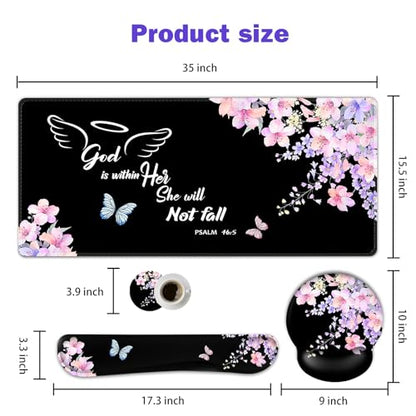 ARTSO Large Mouse Pad Ergonomic Keyboard Wrist Rest Support Combo, Psalm 46:5 God is Within Her, She Will not Fall -Bible Verse Flower Butterfly Extended Desk Mat Blotter - color: Psalm Flower Butterfly