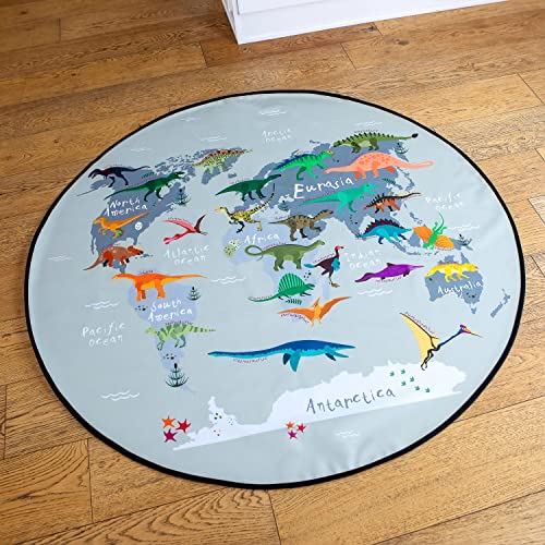Splat Mat for Baby – Under High Chair Floor Mat Protects Wood, Vinyl and Carpet from Spills – Waterproof 4 Layer Baby Mat with Anti-Skid Backing Deters Bunching and Sliding (51” x 51”) - color: Dinos World Map