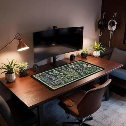 Deep Green Retro Desk Pad, Plant Flower Mouse Pad XXL, Large Gaming Mouse Mat, Laptop Pad, Desktop Protective Pad, Computer Mats with Stitched Edges, Women Office Desk Accessory 31.5"X15.7" - color: Green Lavender