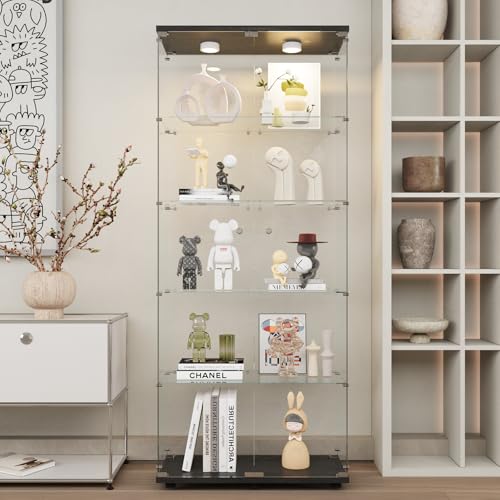 Beauty4U Glass Display Cabinet with Lights, 5 Shelves with 2 Doors, Curio Cabinets for Living Room, Bedroom, Office, Black Floor Standing Glass Bookshelf, Quick Installation - color: Black-led, size: 2-Door 5-Shelf