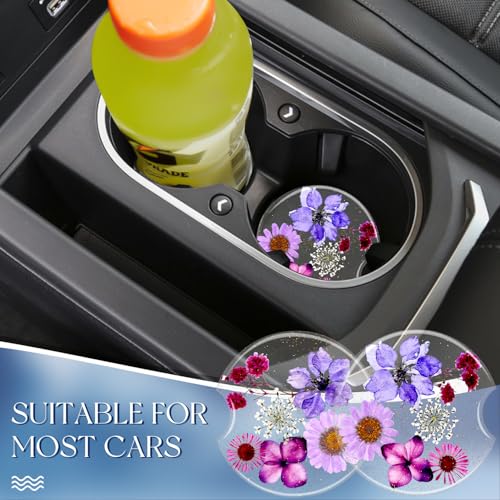 Swooflia Flower Car Cup Holder Coasters for Women - 2.75 Inch Cute Resin Clear Automotive Drink Cupholder Insert Car Accessories 2 Pack Pink Purple - color: Pink Purple