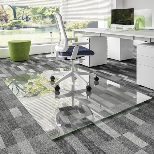 Koonmi Glass Chair Mat for Carpet, Tempered Glass 46"x60" Office Chair Mat, Glass Chair Mat with Rounded and Polished Edges, 4 Non‑Slip Pads, Smooth Rolling for Carpet Hardwood Floor Protection - color: Transparent, size: 46"x60"