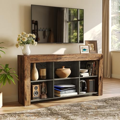 LITTLE TREE TV Stand with Storage, 63-Inch Entertainment Center with Shelves, Modern Media Console for Television up to 65" for Living Room, Bedroom, Brown + Black - color: Brown + Black