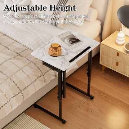 Adjustable Height Tv Tray Table,Portable Folding Tv Dinner Snack Table,Small Foldable C-Shaped End Table for Eating,Slide Under Couch Side with Sturdy MDF Top,No Assembly(White Marble+Black) - color: White Marble+black