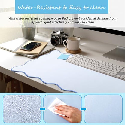 Hahafelt Scalloped Desk Mat Large Desk Pad Cute Coquette Table Mat Back to School Preppy Table Make up Pad Nonslip Graduation Gift with Stitching Waterproof Gaming(Blue,36 x 17 Inches) - color: Blue, size: 36L x 17W inches