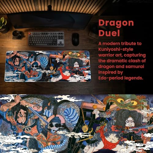 BELLEMOND Japanese Art Desk Mat | Large 31.5x11.8in Anime Mouse Pad for Keyboard & Mouse | Non-Slip Base, Water-Repellent | Original Japanese Design | Dragon Duel - color: Dragon Duel
