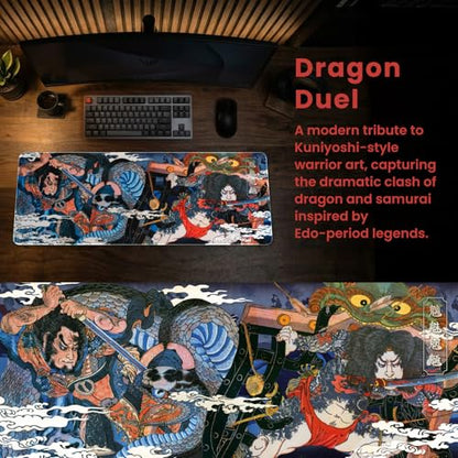 BELLEMOND Japanese Art Desk Mat | Large 31.5x11.8in Anime Mouse Pad for Keyboard & Mouse | Non-Slip Base, Water-Repellent | Original Japanese Design | Dragon Duel - color: Dragon Duel