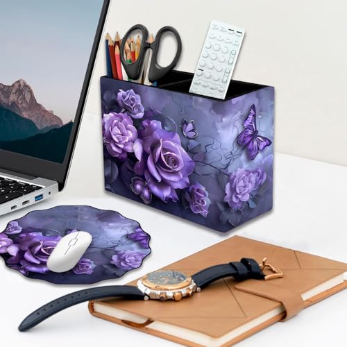 Pen Holder and Anti-Slip Mouse Pad Combination, Makeup Brush Storage Box, Tableware Storage Box, Suitable for Office and Home - Purple Rose - color: Purple Rose